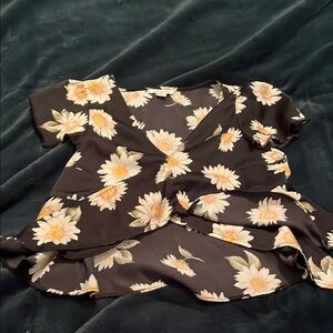 American Eagle Outfitters Black and Yellow Floral Wrap Blouse